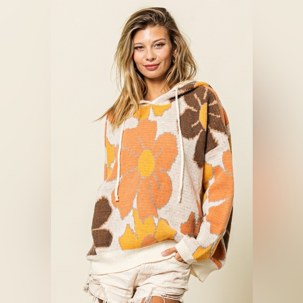 Bibi Flower Pattern Drawstring Hooded Sweater - image 5